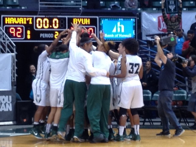 UH celebrated around Shawna-Lei Kuehu after her 1,000-point milestone and a  52-point win over BYUH.