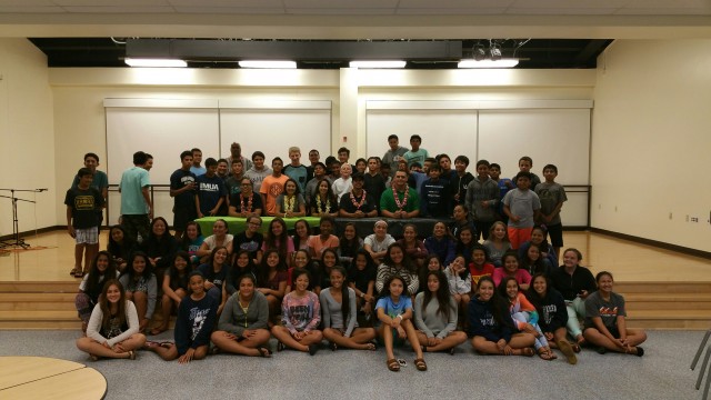 Five UH athletes — Dyrbe Enos, Kory Rasmussen, Tiana Fujimoto, Hiilani Huddleston, and Destiny King — spoke at Kamehameha on Tuesday.