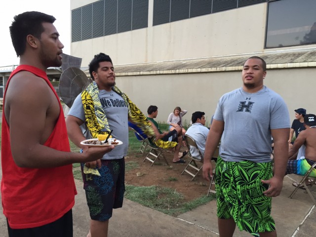 Linebacker Jamie Tago, nose tackle Samiuela Akoteu and offensive lineman Eperone Moananu