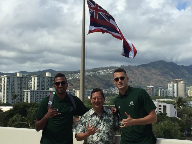 Sai Tummala and Stefan Jankovic posed with athletic trainer Jay Goo at the State Capitol fifth floor.