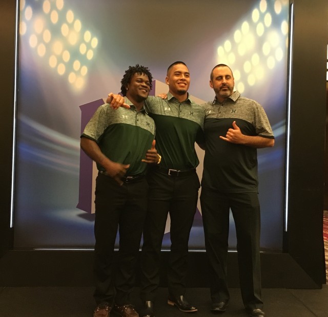 Safety Daniel Lewis, quarterback Ikaika Woolsesy and Nick Rolovich