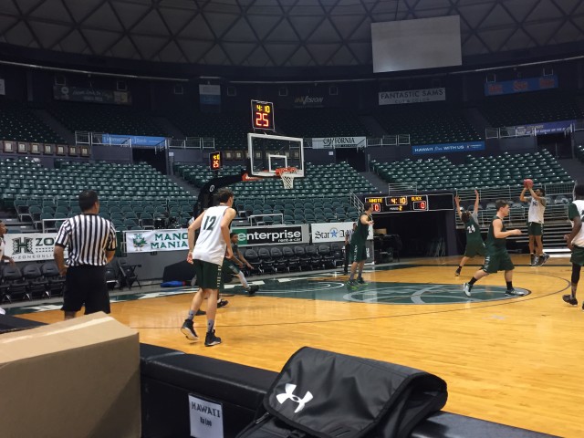 Noah Allen attempted a 3 as Zach Buscher closed out during a fullcourt, officiated scrimmage on Tuesday night.