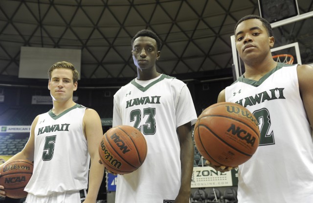 UH point guards Matt Owies, Sheriff Drammeh and Brocke Stepteau. // Photo by Bruce Asato, Honolulu Star-Advertiser