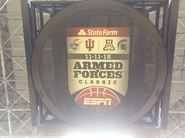 Even the Sheriff Center jumbotron got all done up. Here it is looking straight up from center court.