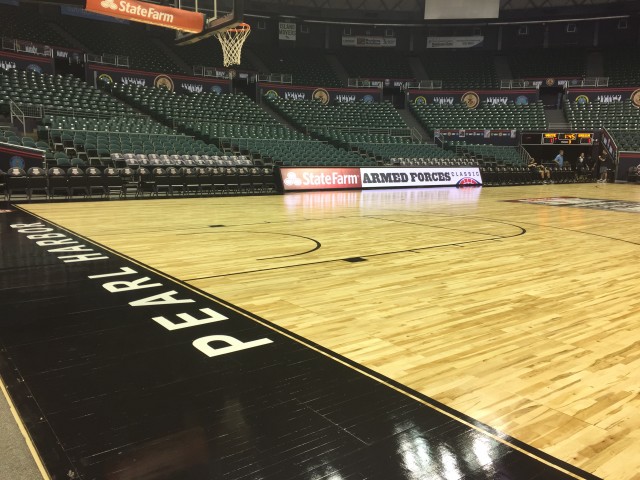 A special hardwood court was installed in the Stan Sheriff Center for Friday's Armed Forces Classic doubleheader.