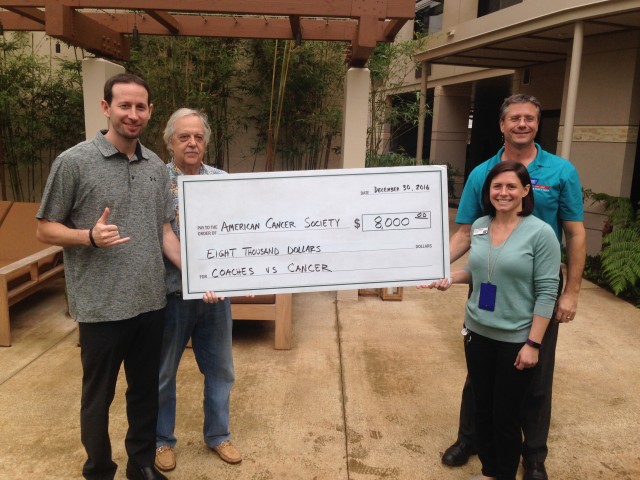 Hawaii coach Eran Ganot (with UH regent Jeff Portnoy) presented a check to the American Cancer Society at Hope Lodge. / Photo courtesy UH athletics