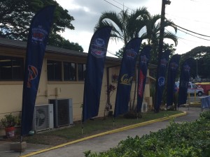 Banners for the four teams were hung in and out of Bloch Arena. 