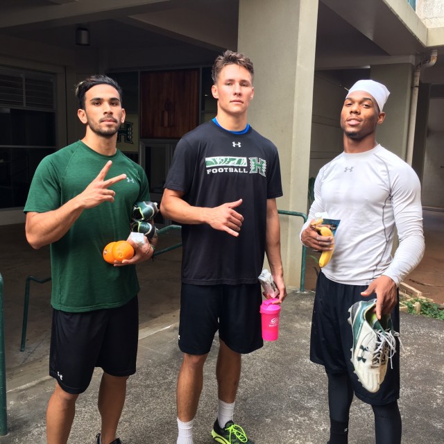 Slotback John Ursua, quarterback Cole McDonald and cornerback Rojesterman Farris II