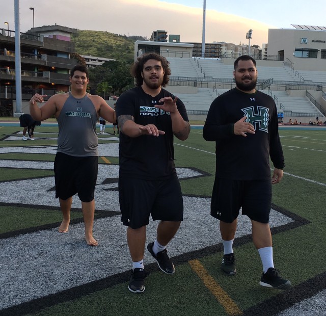 Offensive linemen Josh Hauani‘o, Asotui Eli and John Wa‘a