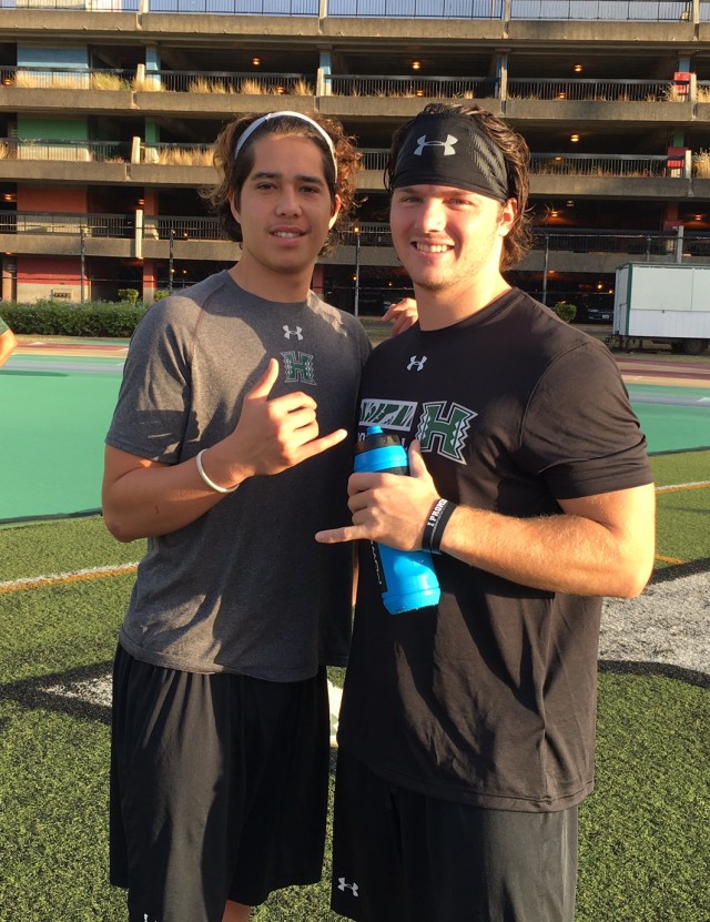 Wideout Kumoku Noa and quarterback Dru Brown