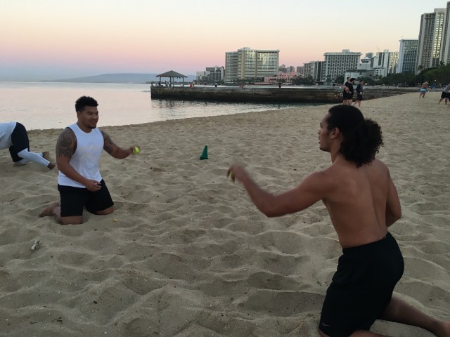 Fullback Dayton Furuta and middle linebacker Jahlani Tavai