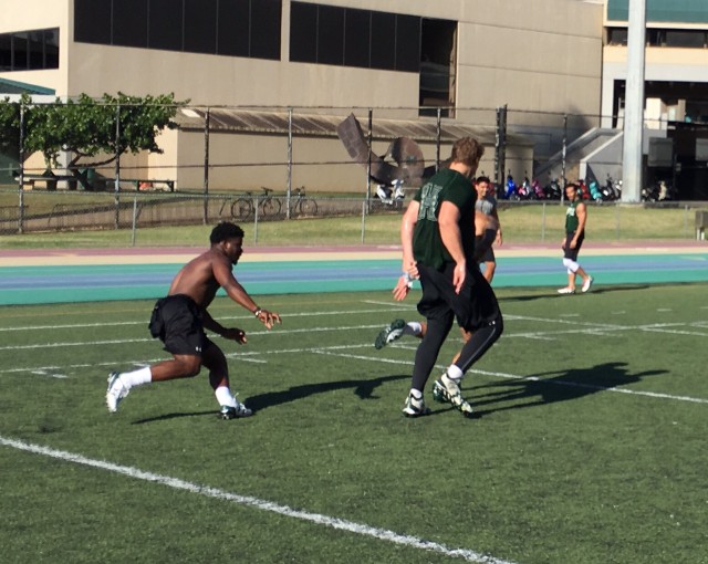 Running back Diocemy Saint Juste and offensive tackle Matt Norman 