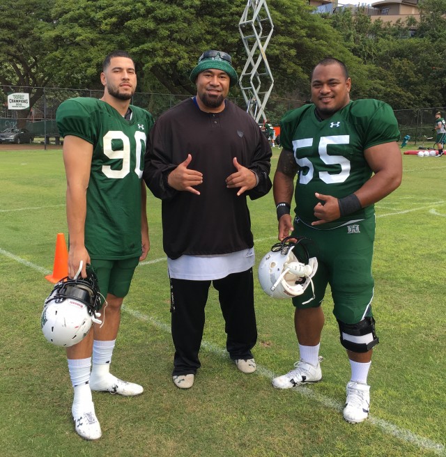 Defensive end David Manoa, Isaako "Isaac" Sopoaga, and Kiko Faalologo