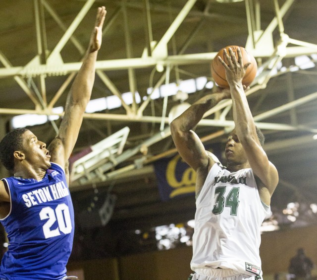 Larry Lewis Jr. put up a shot against Seton Hall in the Pearl Harbor Invitational. // Photo by Kat Wade, special to the Star-Advertiser