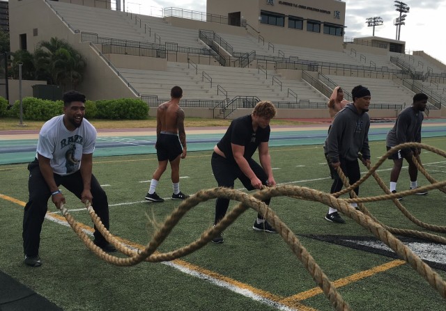 Defensive end Meffy Koloamatangi, Matt Norman, defensive end Tevarua Eldridge and Dejon Allen